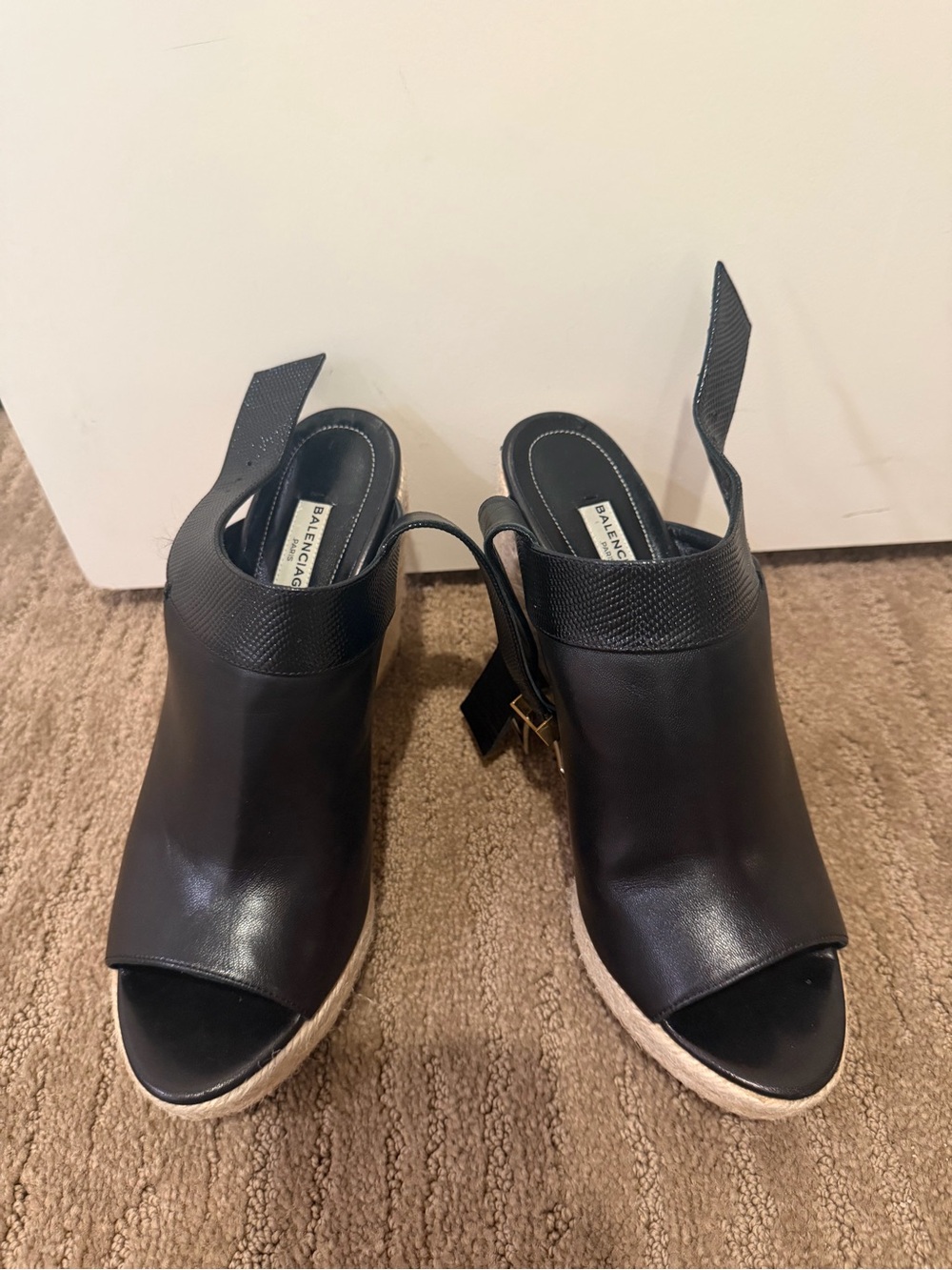 Balenciaga Black Leather Open-Toe Espadrille Wedge Sandals